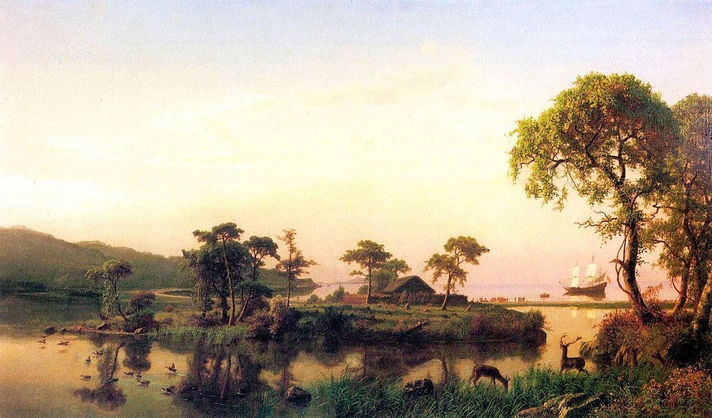 Gosnold at Cuttyhunk, c. 1858, by Albert Bierstadt reflects the early European exploration of America.