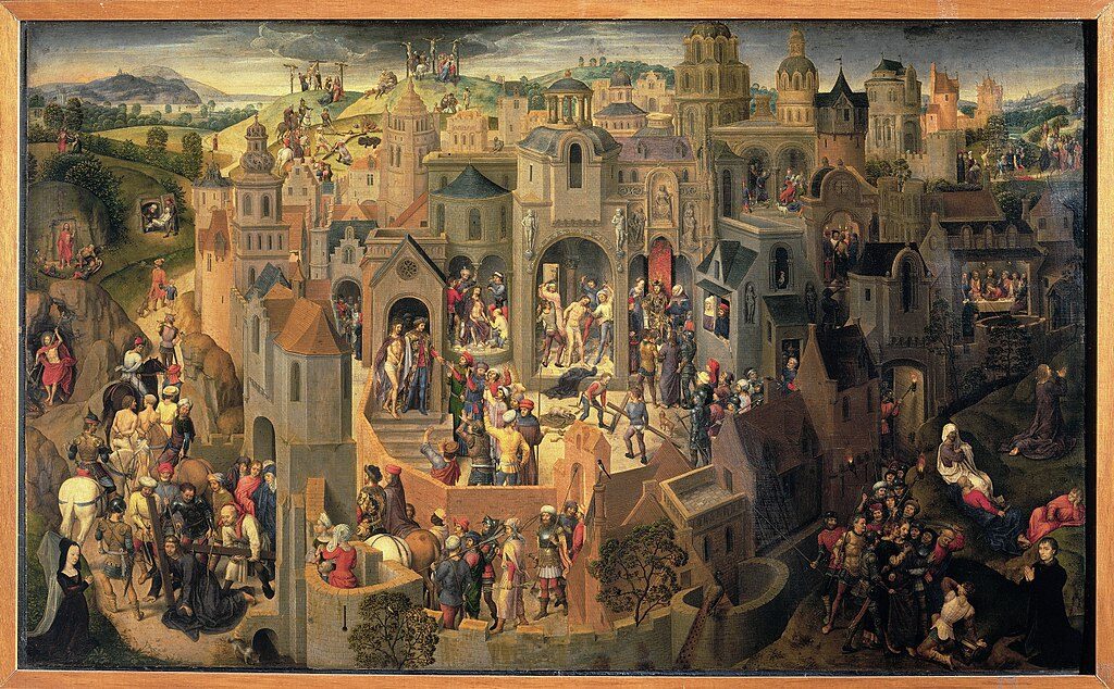 Scenes from the Passion of Christ (c. 1470) by Hans Memling reflects themes of sacrifice, redemption, and divine suffering.