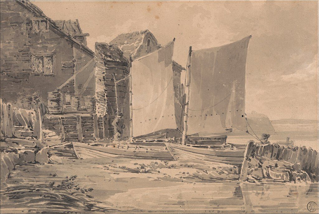 Fisherman's Cottage, Dover (1790) by J.M.W. Turner reflects a tranquil yet detailed depiction of coastal life.