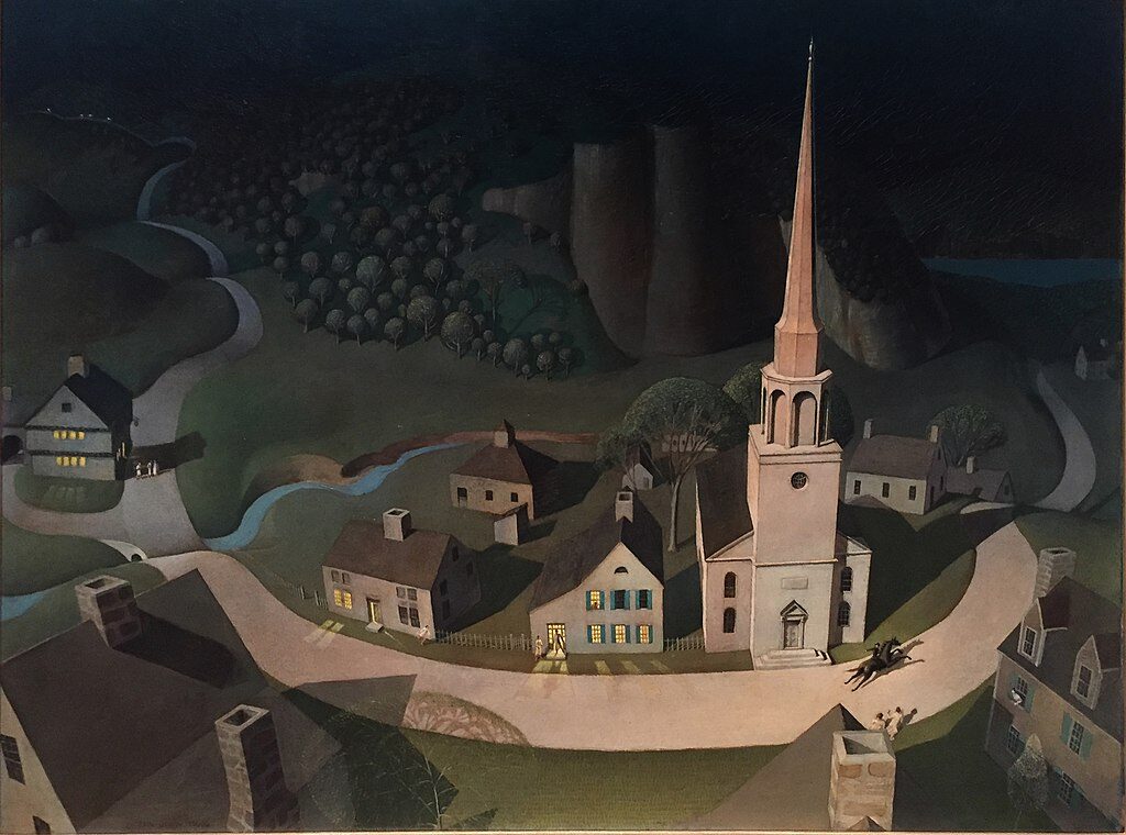 Midnight Ride of Paul Revere (1931) reflects a bird’s-eye view of Paul Revere galloping through a stylized colonial town under the moonlight