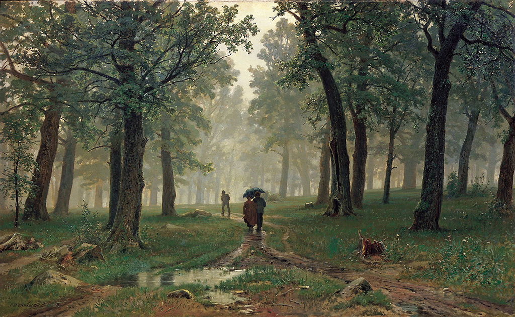 Rain in an Oak Forest, 1891, by Ivan Shishkin reflects the dramatic and dynamic forces of nature. 
