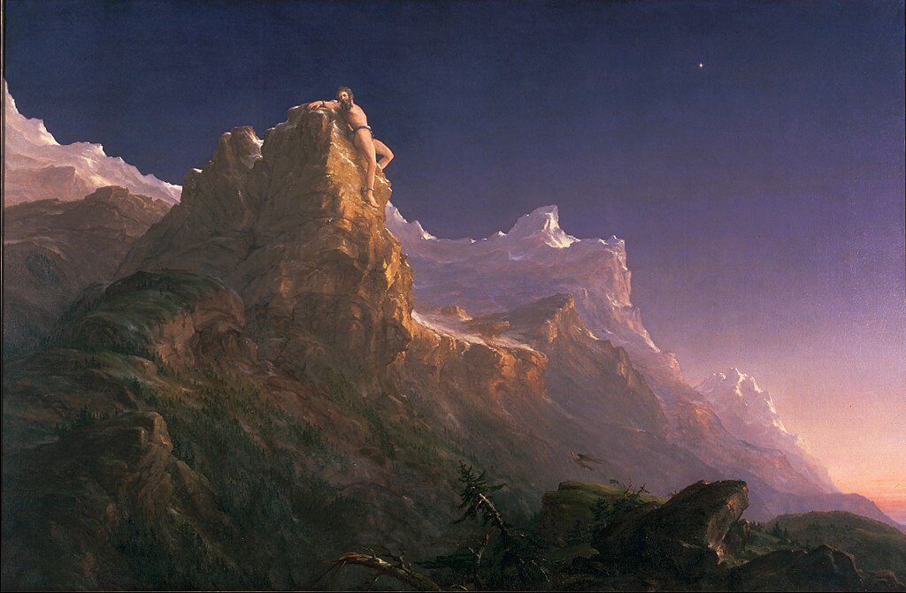 Prometheus Bound (1847) by Thomas Cole reflects themes of suffering, rebellion, and the consequences of defying divine authority.