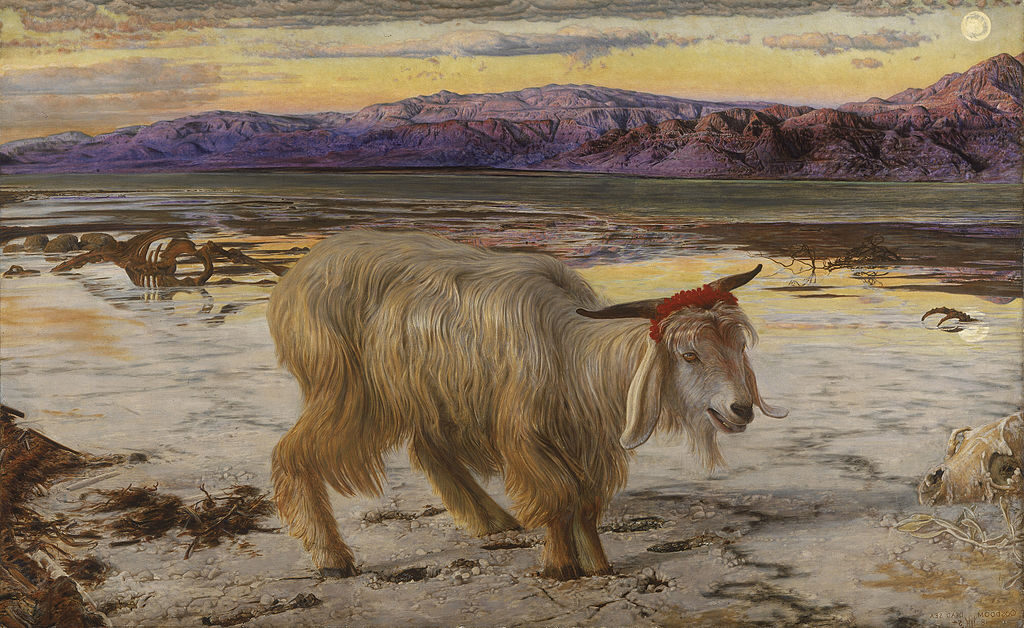 The Scapegoat, 1856, by William Holman Hunt reflects themes of sin, sacrifice, and redemption.