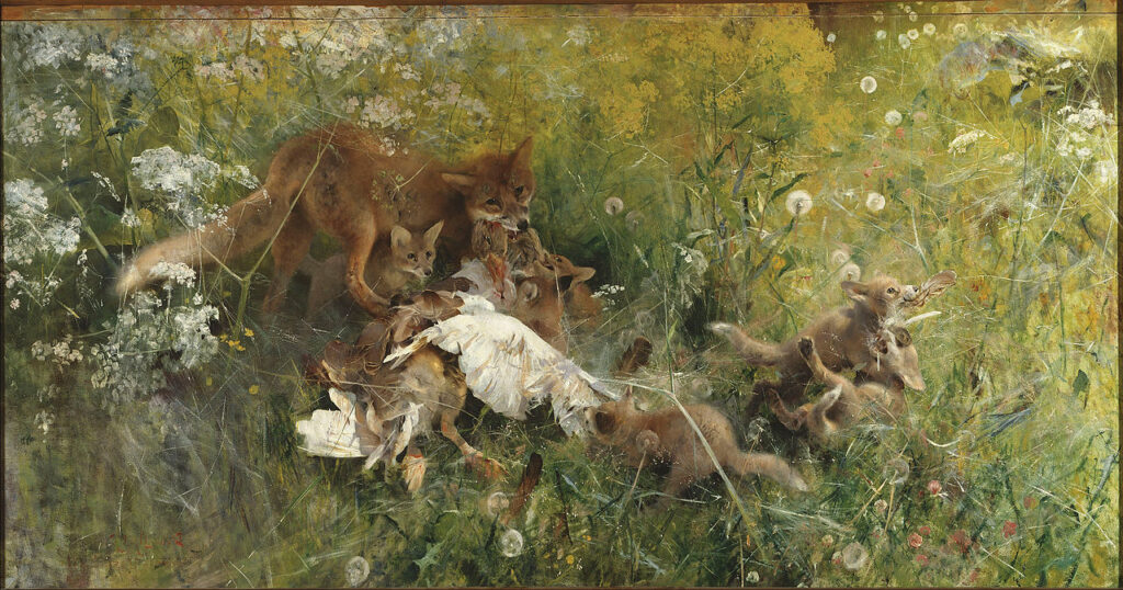 A Fox Family, 1886, by Bruno Liljefors reflects the intimate and delicate dynamics of wildlife.