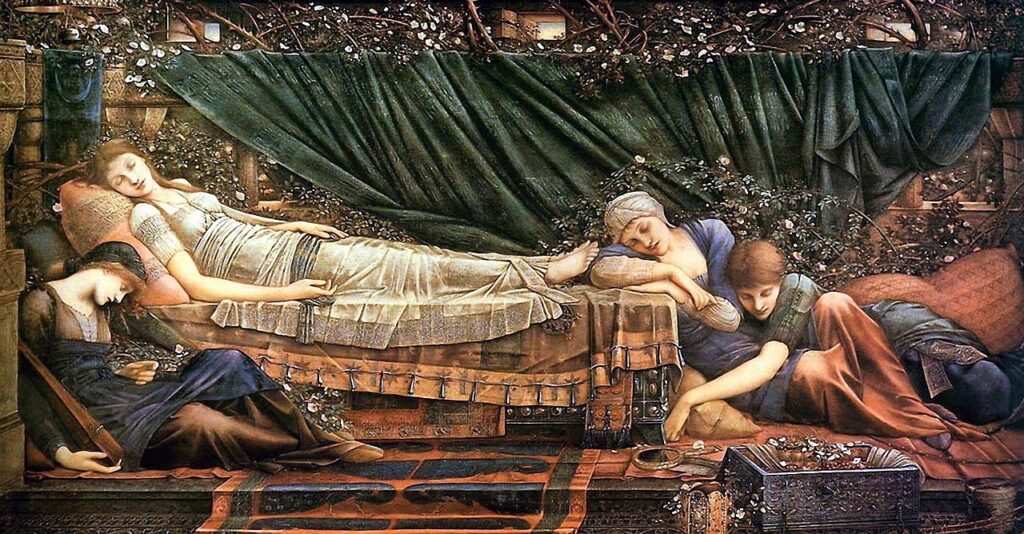The Rose Bower by Edward Burne-Jones, 1890 reflects a dreamlike serenity and the passage of time in a state of enchanted slumber.
