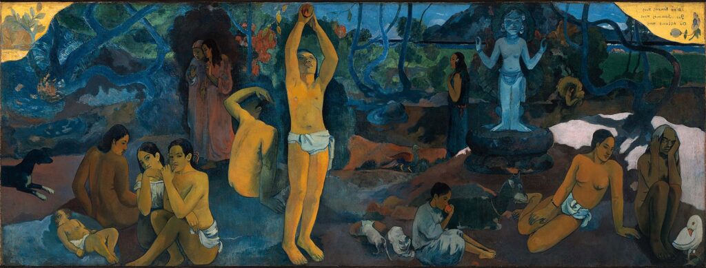 Where Do We Come From? What Are We? Where Are We Going? (1897) reflects Gauguin’s interpretation of Tahitian mythology and creation narratives