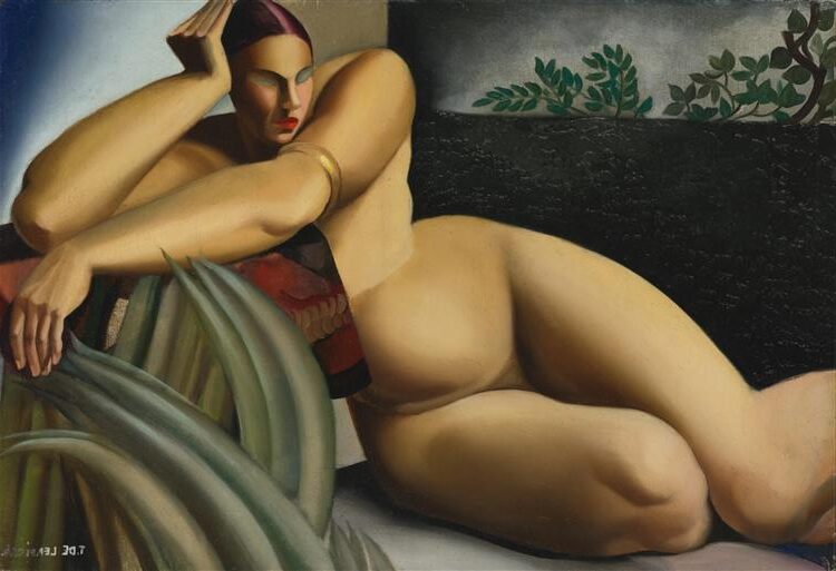 Nude on a Terrace by Tamara de Lempicka  reflects sensuality and elegance through her signature Art Deco style.