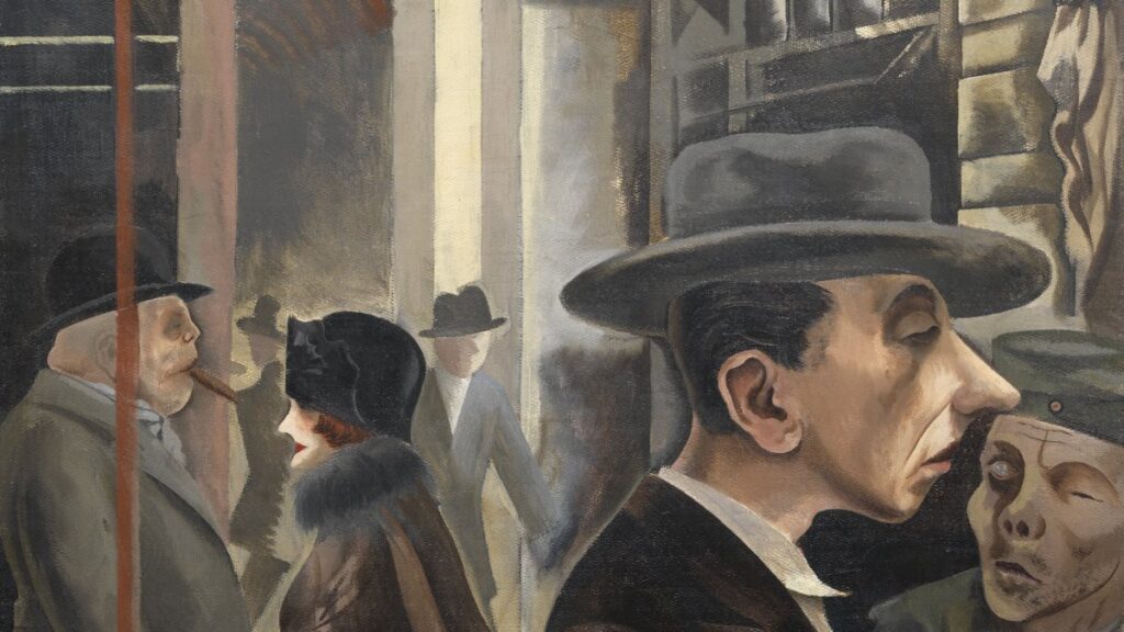 Street Scene (Kurfürstendamm) (1925) by George Grosz reflects the chaotic and morally decayed atmosphere of 1920s Berlin.