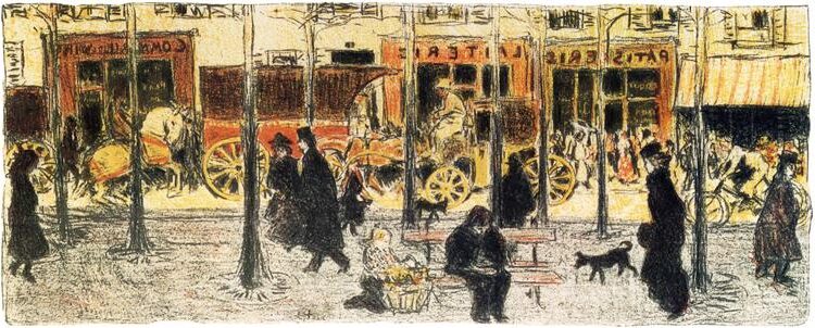 Parisian Boulevard (1896) reflects the movement of pedestrians and carriages, enveloped in a warm, atmospheric glow.