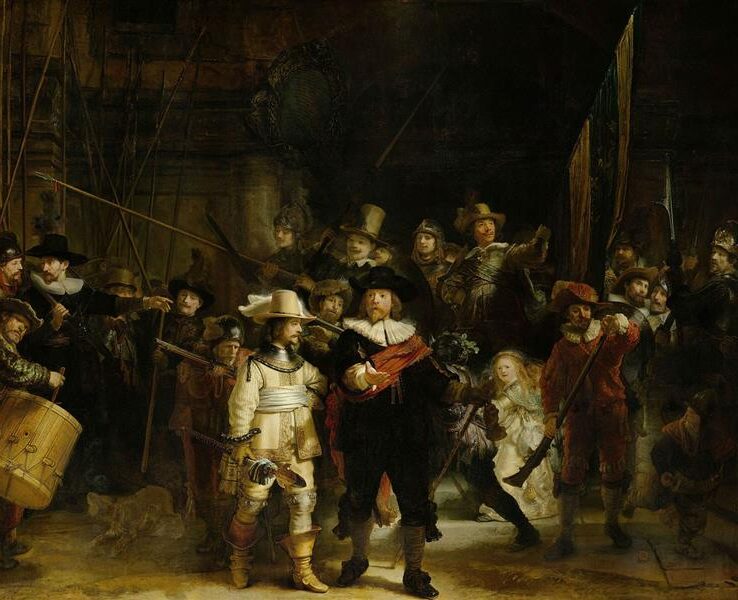 The Nightwatch (1642) reflects a dynamic portrayal of a militia group, showcasing the artist’s innovative use of light and shadow