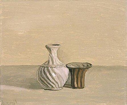 Natura Morta (1955) reflects a harmonious arrangement of bottles, jars, and containers, painted in soft, muted tones.

