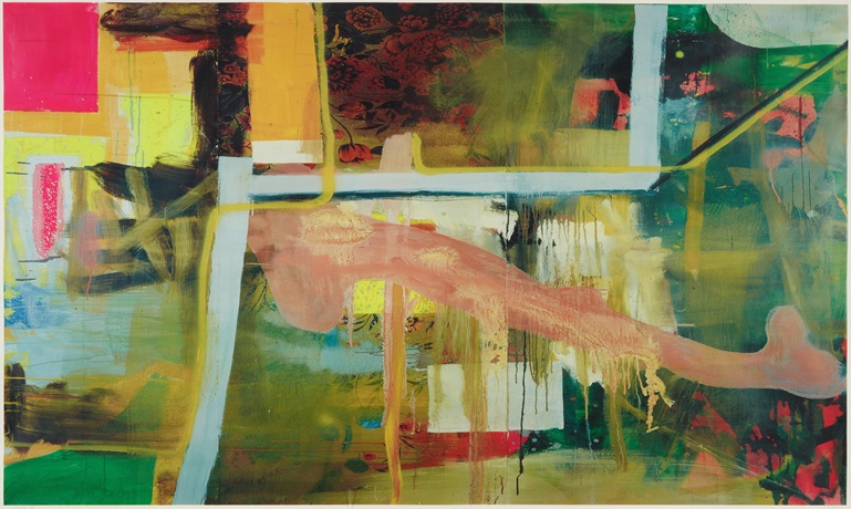 Das Ende von Zuhause, 1998, by Albert Oehlen reflects themes of dislocation and abstraction through a large-scale offset print in colors. 
