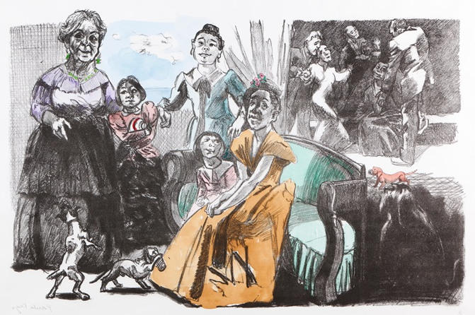 Self-Portrait with Grandchildren, 2001–2002 reflects maternal intimacy and personal legacy through a hand-coloured lithograph from her Jane Eyre series.