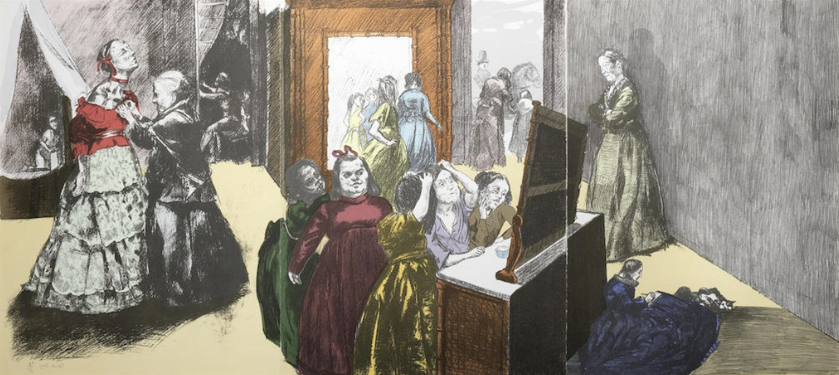 Getting Ready for the Ball, 2001–2002, by Paula Rego reflects Jane Eyre's emotional turmoil as she observes Thornfield's glamorous guests.