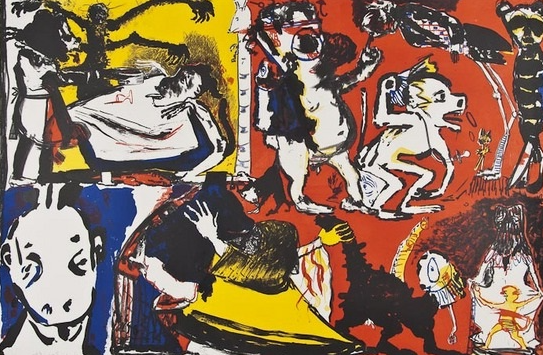 Lessons, 1982, by Paula Rego reflects the psychological tension of domestic power dynamics through surreal, abstract forms and vivid colors.