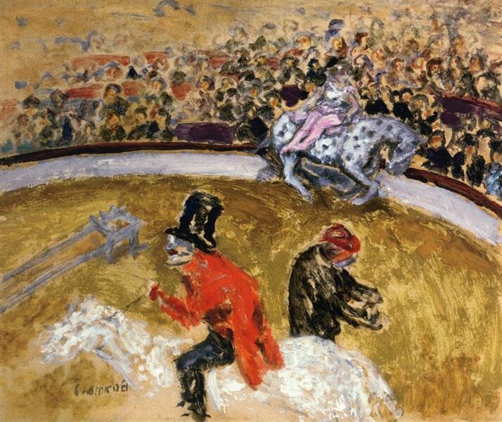 At the Circus (1897) reflects a lively circus scene where performers and spectators merge in a flurry of movement.