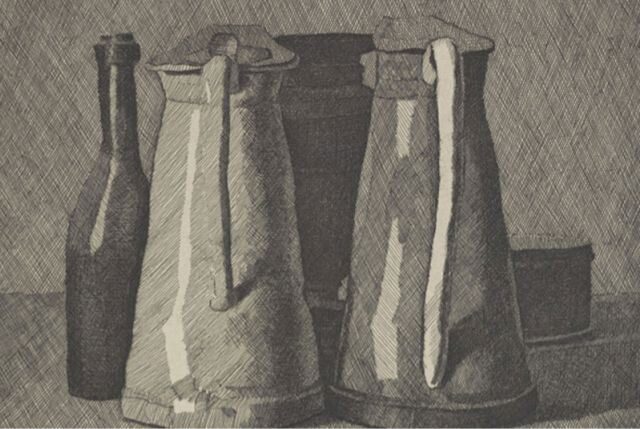 Still Life With Five Objects (1956) reflects a carefully composed arrangement of bottles and containers, rendered in soft, earthy tones.
