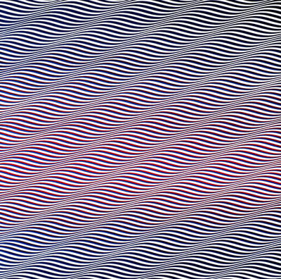 Cataract 3 (1967) reflects a vibrant wave-like pattern of undulating red, blue, and white lines