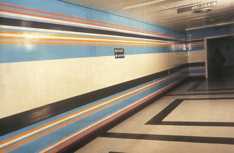 Royal Liverpool Hospital Installation (1983) reflects a soothing arrangement of soft pastel-colored vertical stripes