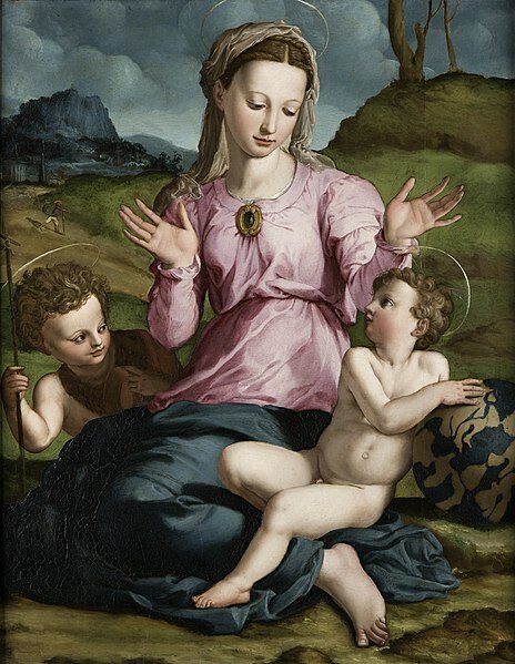 Madonna and Child with Saint John the Baptist (Late 1490s) reflects the Virgin Mary holding the Christ Child with Saint John beside them