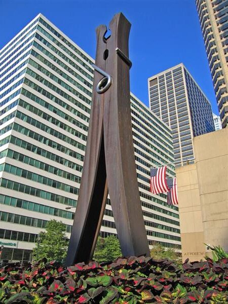 Clothespin (1976) by Claes Oldenburg reflects a monumental, abstracted version of a common household clothespin, standing 45 feet tall in Center City, Philadelphia