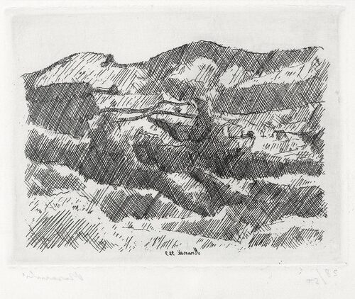 Monti di Grizzana (1929) reflects a serene depiction of the rolling hills of Grizzana, rendered in muted earthy tones.
