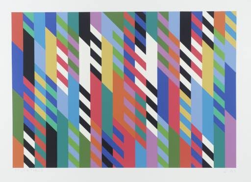 Fete (1989) reflects a lively interplay of vibrant, curving lines in contrasting shades of blue, green, and orange