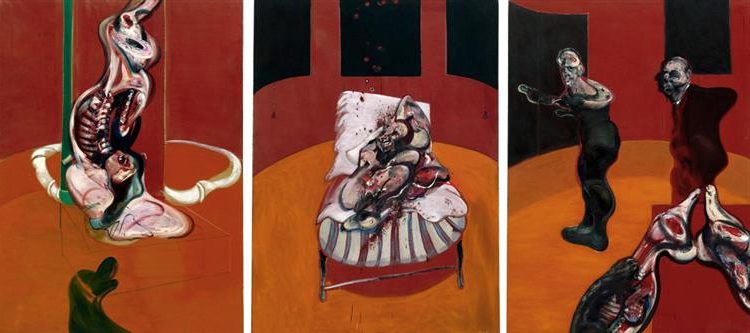 Three Studies for a Crucifixion, 1962, by Francis Bacon  reflects the brutality of human suffering through a triptych of distorted, meat-like figures