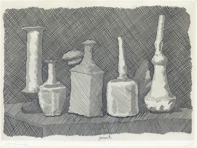 Natura Morta a Grandi Segni (1931) reflects a bold arrangement of bottles and containers, characterized by strong outlines.
