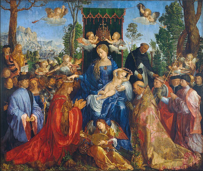 Feast of the Rosary (1506) by Albrecht Dürer  reflects themes of divine grace and religious devotion.