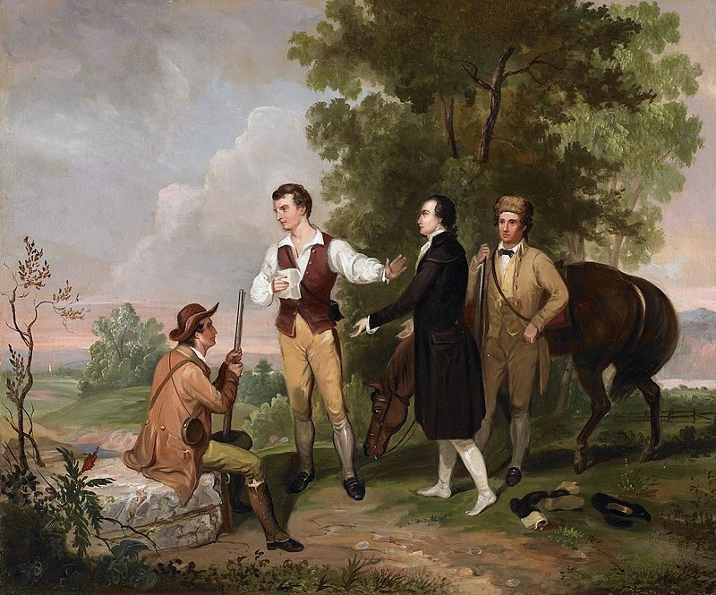 The Capture of Major André, 1845, by Asher Durand reflects a pivotal moment in the American Revolutionary War. 