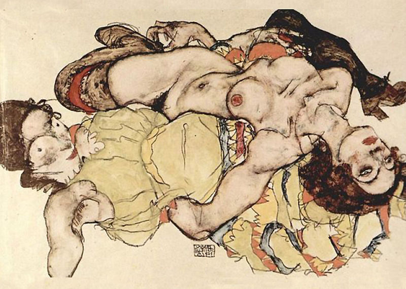 Two Women by Egon Schiele emphasizes elongated forms, contorted poses, and psychological depth. 