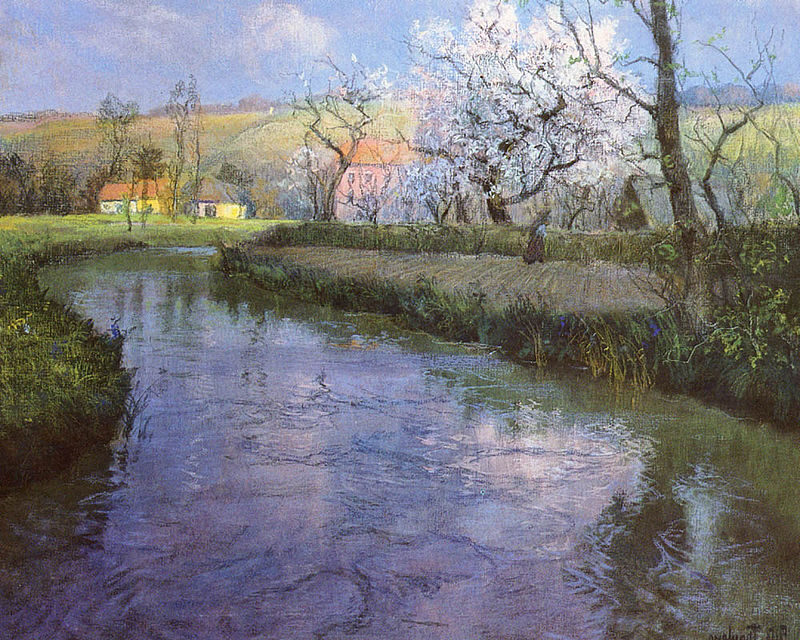 A French River Landscape by Frits Thaulow reflects the artist's mastery of capturing water's movement and light. 