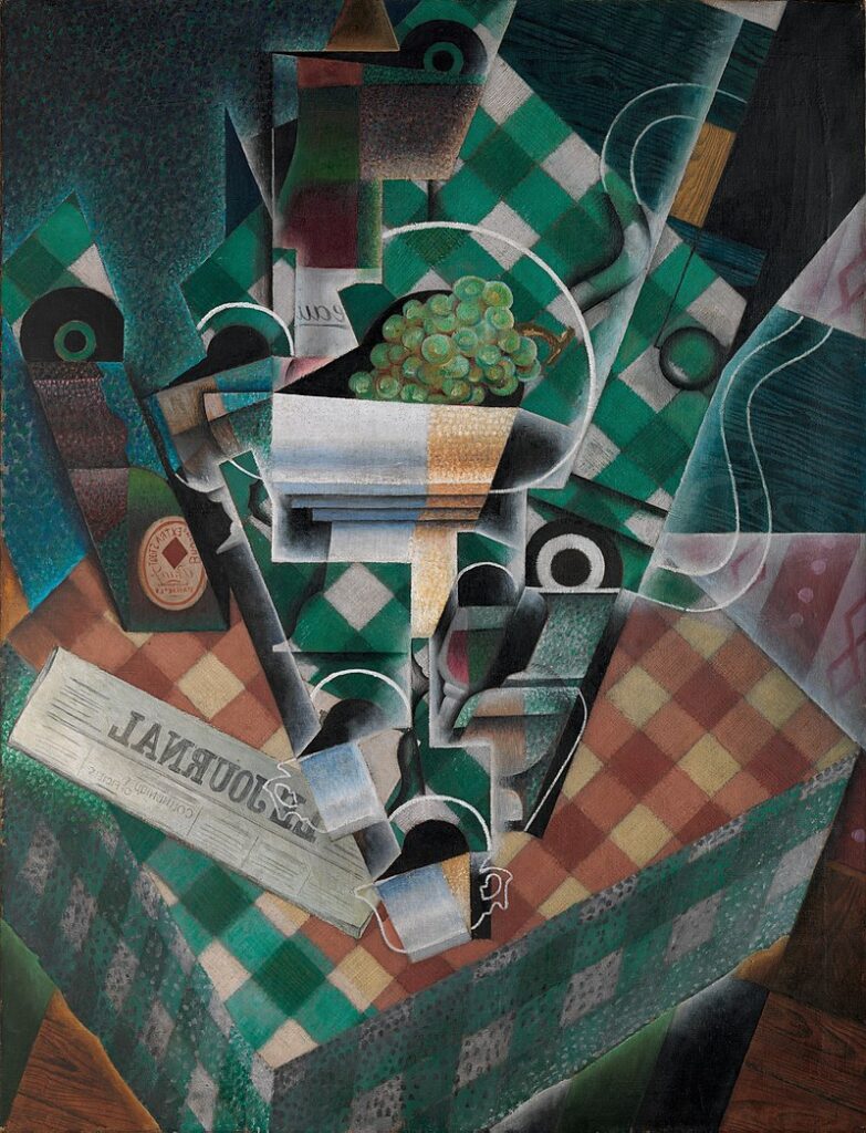 Still Life with Checkered Tablecloth (1915) reflects the structured and vibrant approach of Synthetic Cubism.