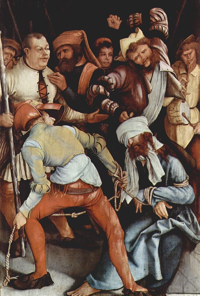 The Mocking of Christ (c. 1503) by Matthias Grünewald reflects themes of humiliation and divine endurance.