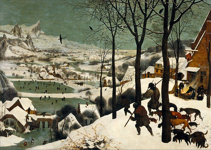 The Hunters in the Snow (1565) by Pieter Bruegel the Elder reflects themes of winter hardship, daily life, and the relationship between humans and nature.