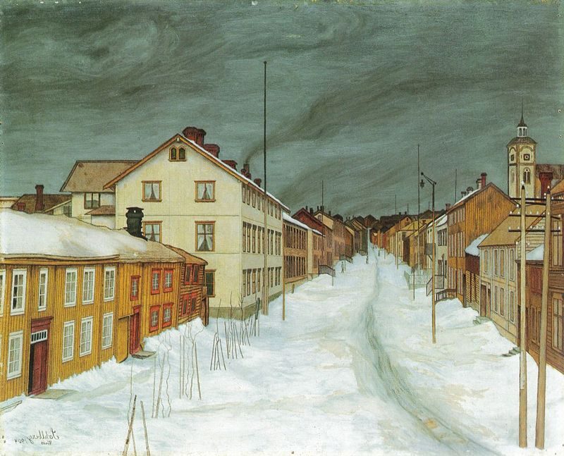 Storgaten Røros (Røros main street) from 1903  reflects the picturesque and historic charm of the Norwegian town of Røros. 