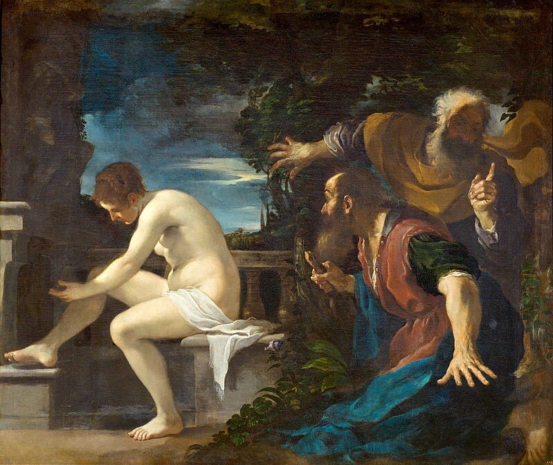 Susanna and the Elders (1617) by Guercino reflects themes of virtue, corruption, and divine justice.