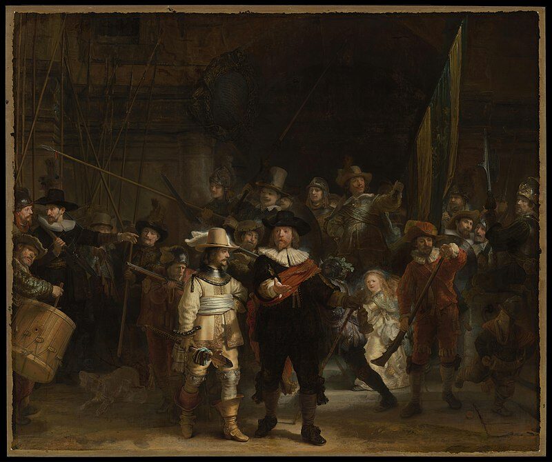 The Night Watch (1642) reflects a dynamic and highly detailed portrayal of a group of Amsterdam’s civic guard