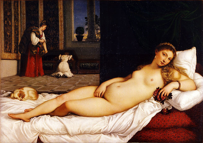 Venus of Urbino (1534) by Titian (Tiziano Vecellio) reflects sensuality, marital fidelity, and Renaissance ideals of beauty.