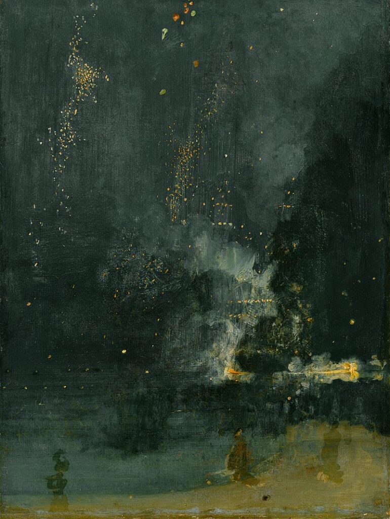 Nocturne in Black and Gold – The Falling Rocket, c. 1875 reflects the fleeting, ephemeral beauty of fireworks and the night sky.