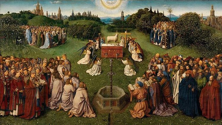 The Ghent Altarpiece. Adoration of the Lamb (detail) (1432)  reflects themes of salvation and divine sacrifice.