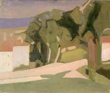 Paesaggio (1935) reflects a tranquil rural scene with simplified forms and a muted, earthy palette.
