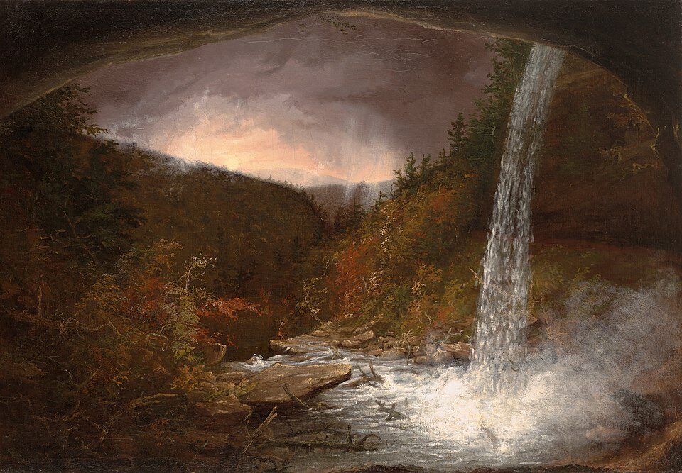 Kaaterskill Falls (1826) by Thomas Cole reflects the sublime beauty and spiritual grandeur of the American wilderness.