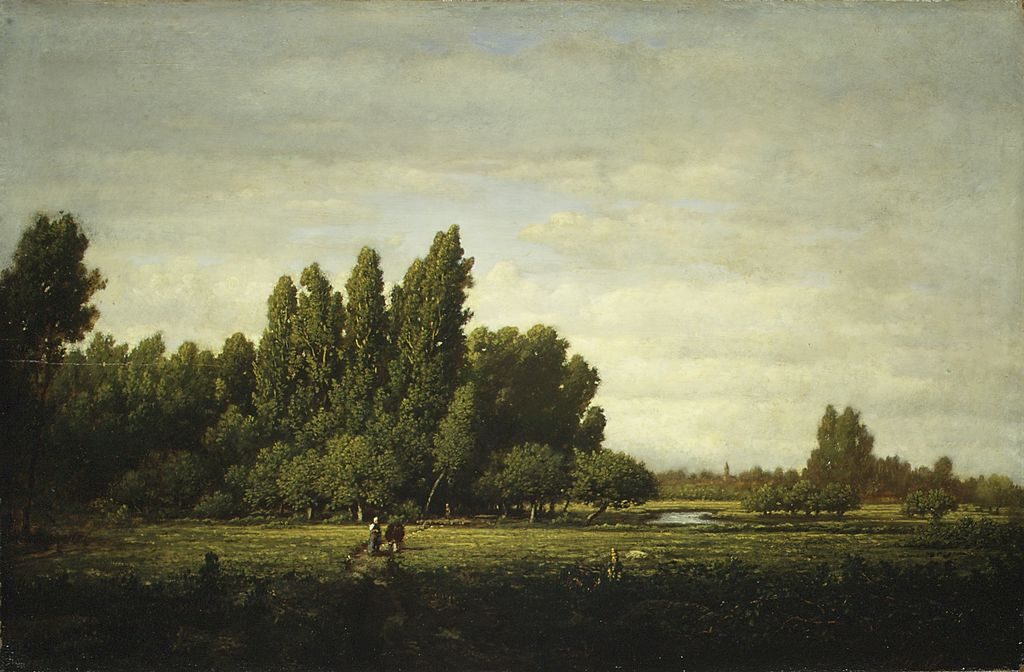 A Meadow Bordered by Trees, c. 1845 by Théodore Rousseau reflects a deep reverence for nature and a sense of tranquility. 