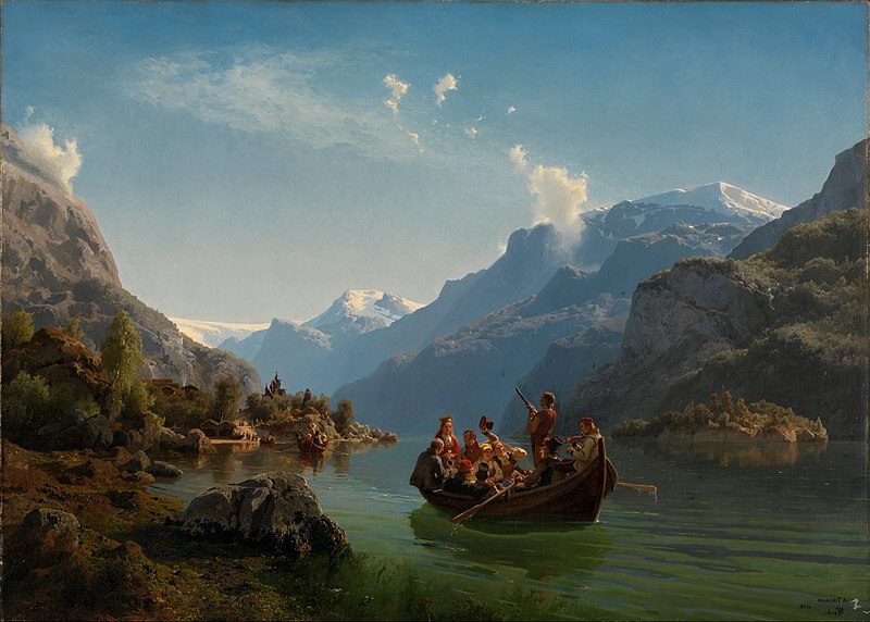 Brudeferden i Hardanger (Bridal Party in Hardanger), 1848 reflects the romanticized vision of Norwegian rural life.