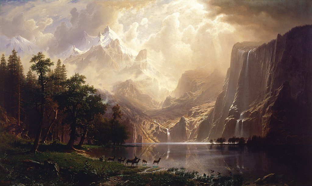 Among the Sierra Nevada, California, 1868, by Albert Bierstadt reflects the grandeur and untouched beauty of the American West.