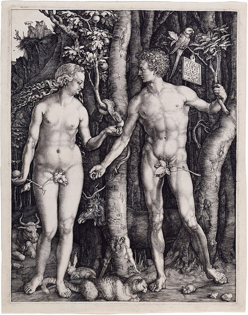 Adam and Eve (1504) by Albrecht Dürer reflects themes of human perfection, temptation, and the fall of man.