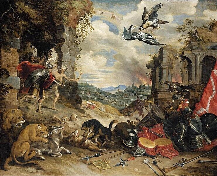 Allegory of War (1640s) reflects the chaos and destruction of war, featuring soldiers in battle