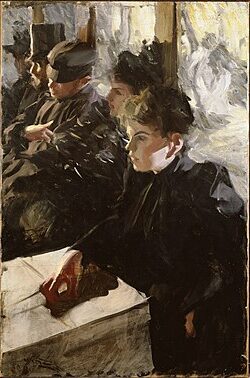 Omnibus (1891–1892) by Anders Zorn reflects a crowded public transportation scene, where passengers sit closely together inside a dimly lit omnibus